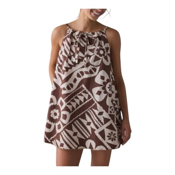 Urban Outfitters BDG Eva Mini Dress XL Brown Tiki Tropical Beach Coastal Neutral - Picture 1 of 12